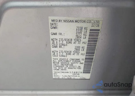 2017 Nissan Murano S z USA, uszkodzony, nr VIN 5N1AZ2MGXHN124879
